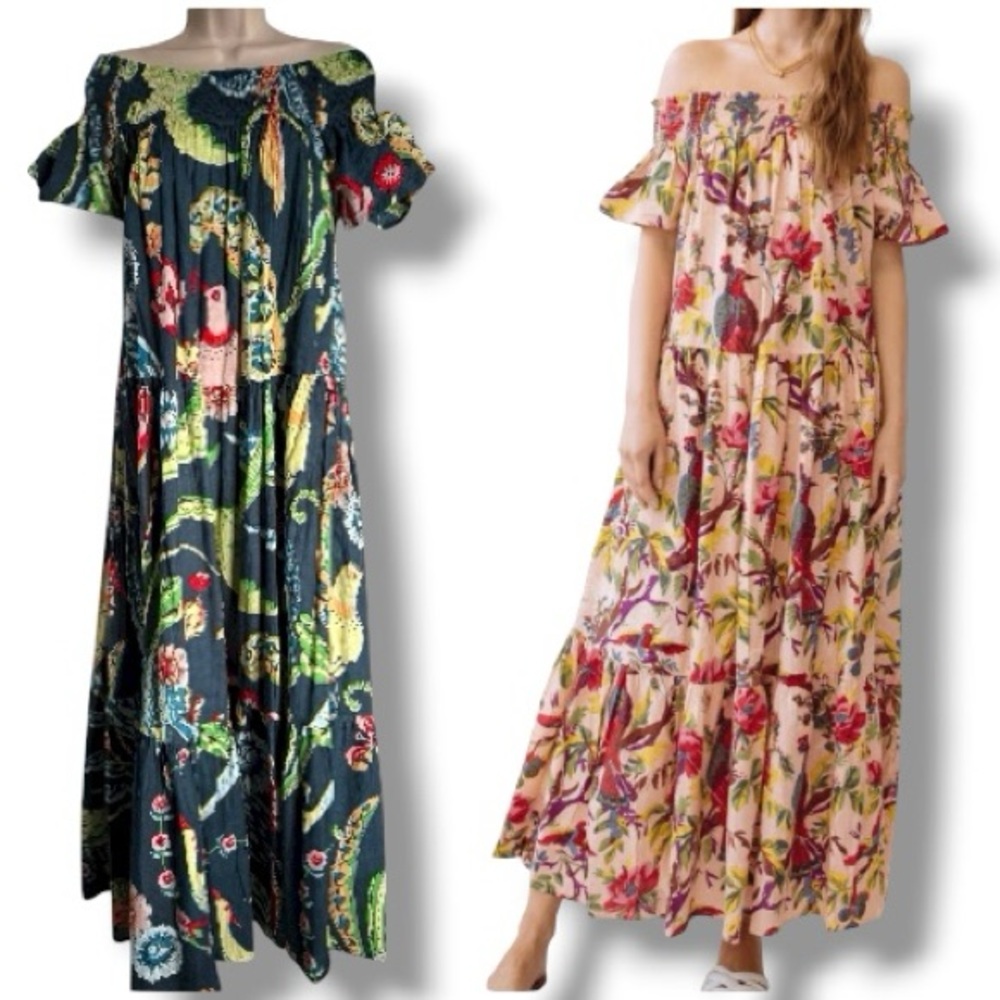 Guadalupe Designs Momposina Raven Smocked Neck Maxi Dress in Blue One Size